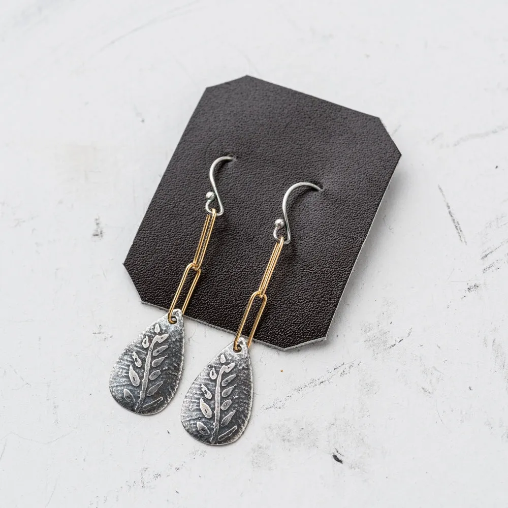 Silver Fern Teardrop and Chain Earrings