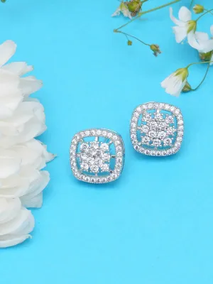 Silver-Toned AD-Studded Contemporary Studs Earrings