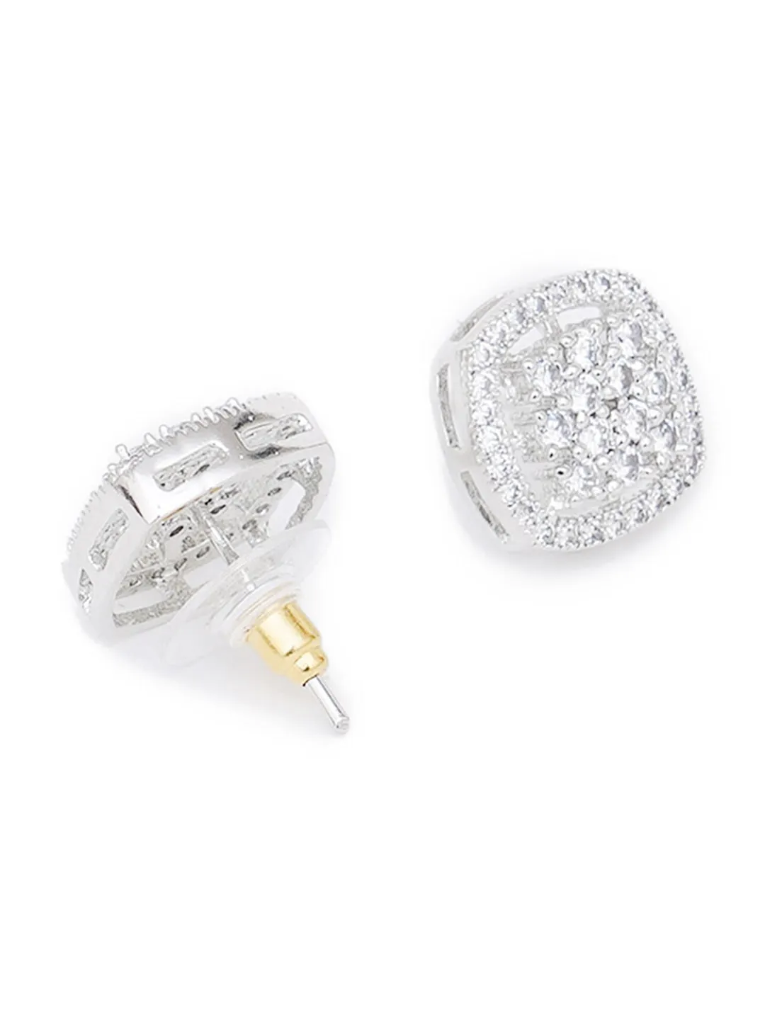 Silver-Toned AD-Studded Contemporary Studs Earrings
