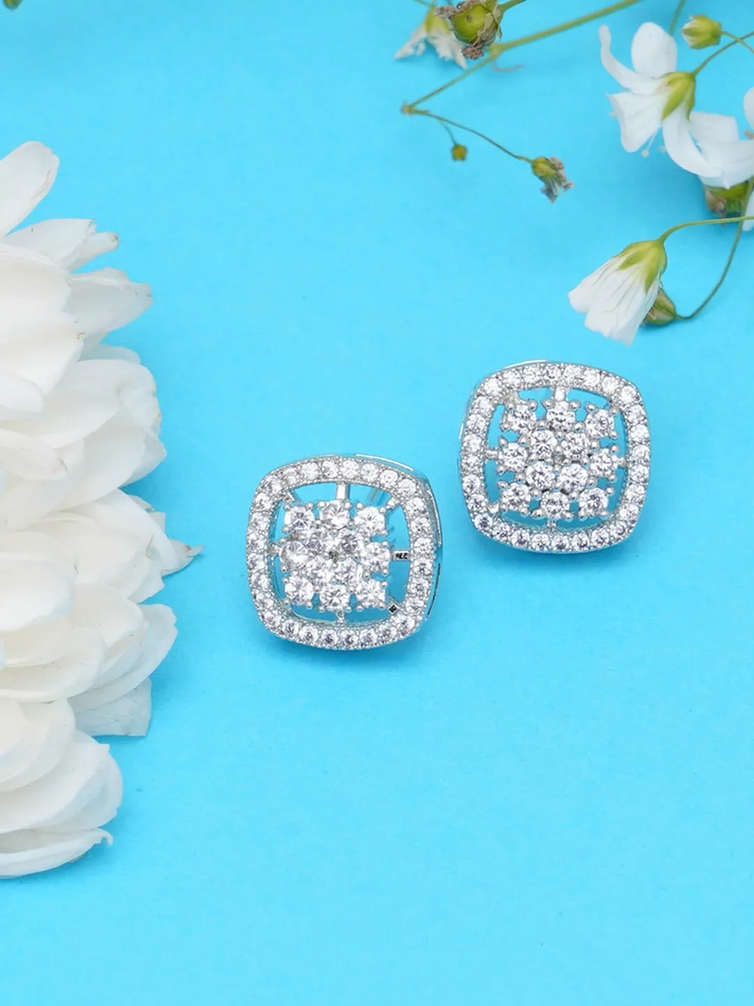 Silver-Toned AD-Studded Contemporary Studs Earrings