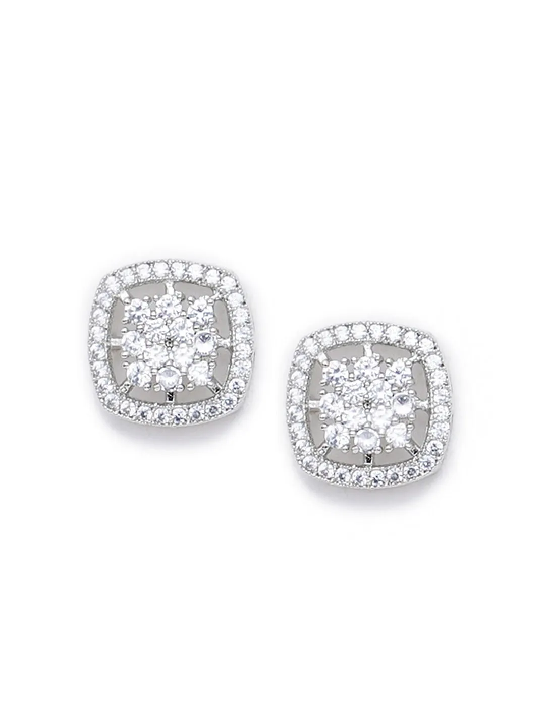 Silver-Toned AD-Studded Contemporary Studs Earrings