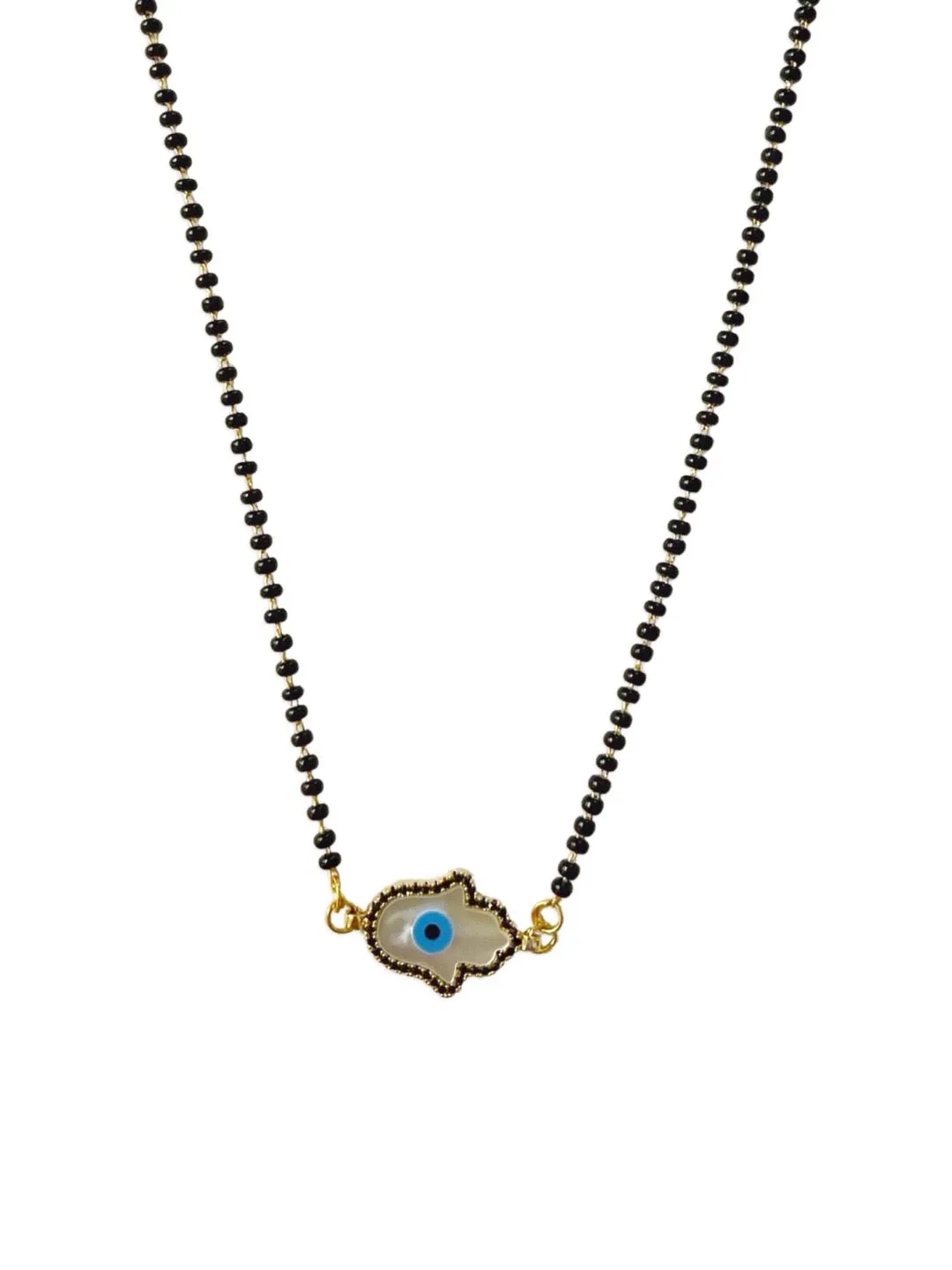 Simple Trendy Short Mangaslutra Designs Amercian Diamond Hamsa Evil Eye Pendant Black Beads Chain