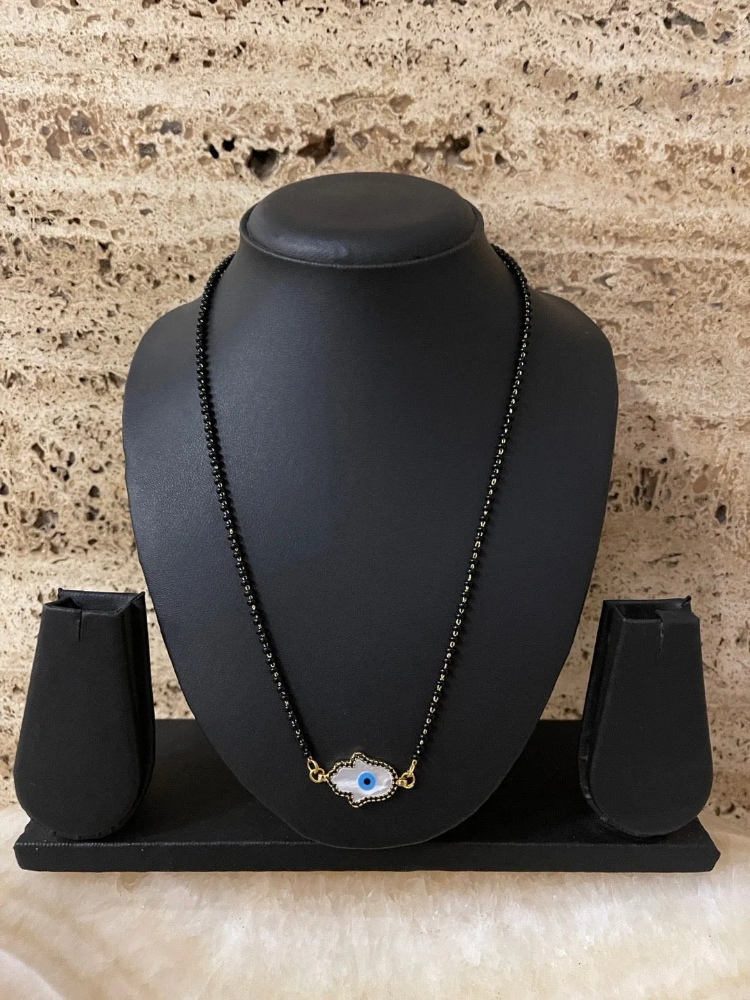 Simple Trendy Short Mangaslutra Designs Amercian Diamond Hamsa Evil Eye Pendant Black Beads Chain