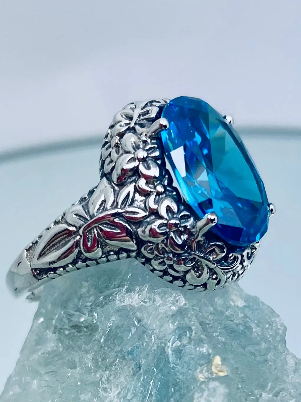 Sky Blue Butterfly Ring, Natural or Simulated Oval Gemstone, Art Nouveau Vintage Ring, D79