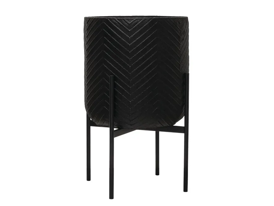 Solid black geometric metal planter on stand
