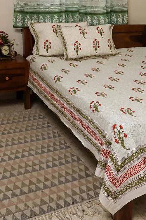 Sootisyahi 'Red Daisy ' Handblock Printed Cotton Bedsheet