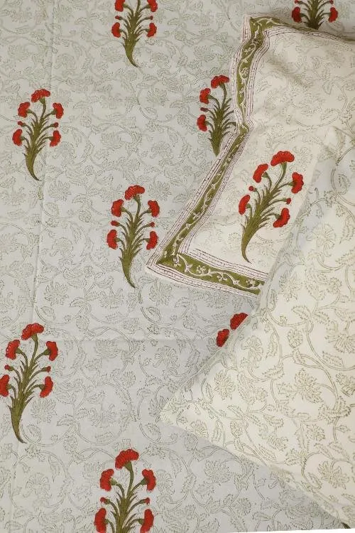 Sootisyahi 'Red Daisy ' Handblock Printed Cotton Bedsheet
