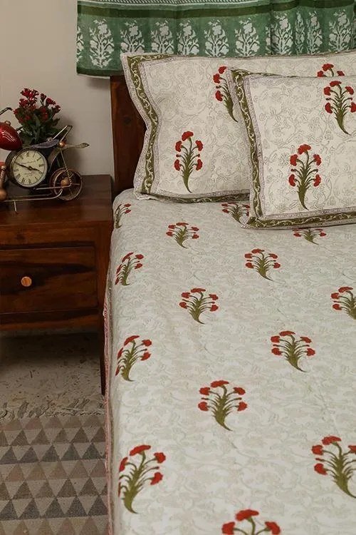 Sootisyahi 'Red Daisy ' Handblock Printed Cotton Bedsheet