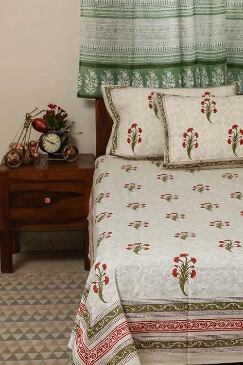 Sootisyahi 'Red Daisy ' Handblock Printed Cotton Bedsheet