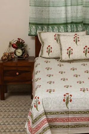 Sootisyahi 'Red Daisy ' Handblock Printed Cotton Bedsheet