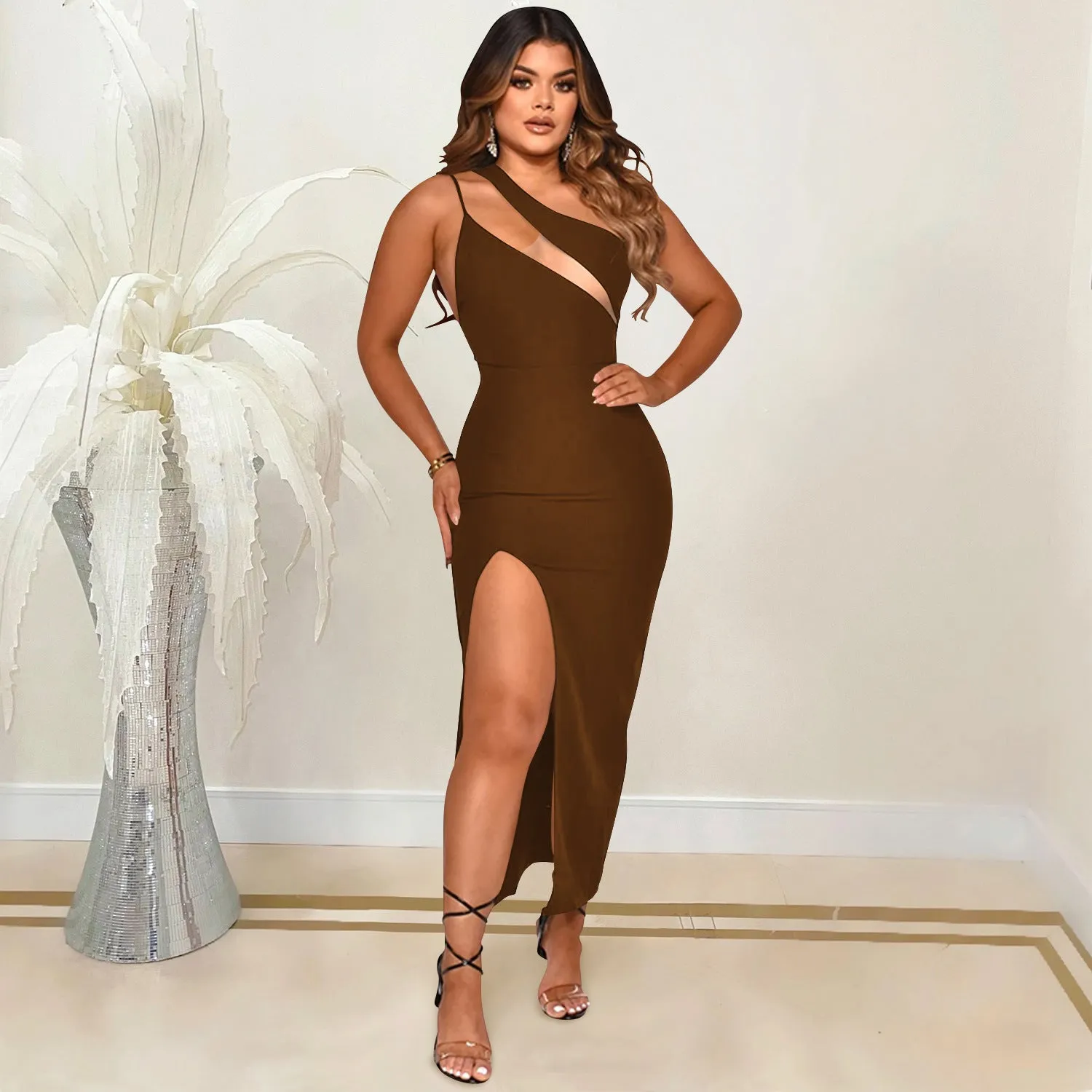 Sophisticated Asymmetrical Sleeveless Slit Bodycon Dress