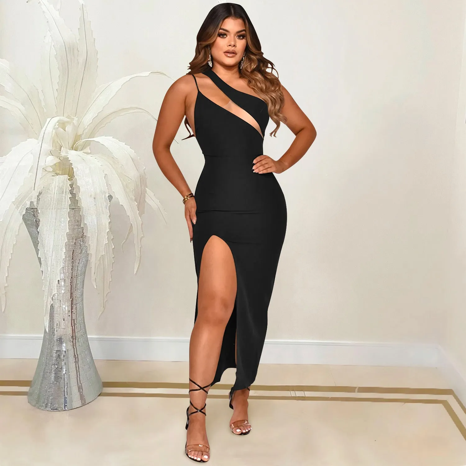 Sophisticated Asymmetrical Sleeveless Slit Bodycon Dress