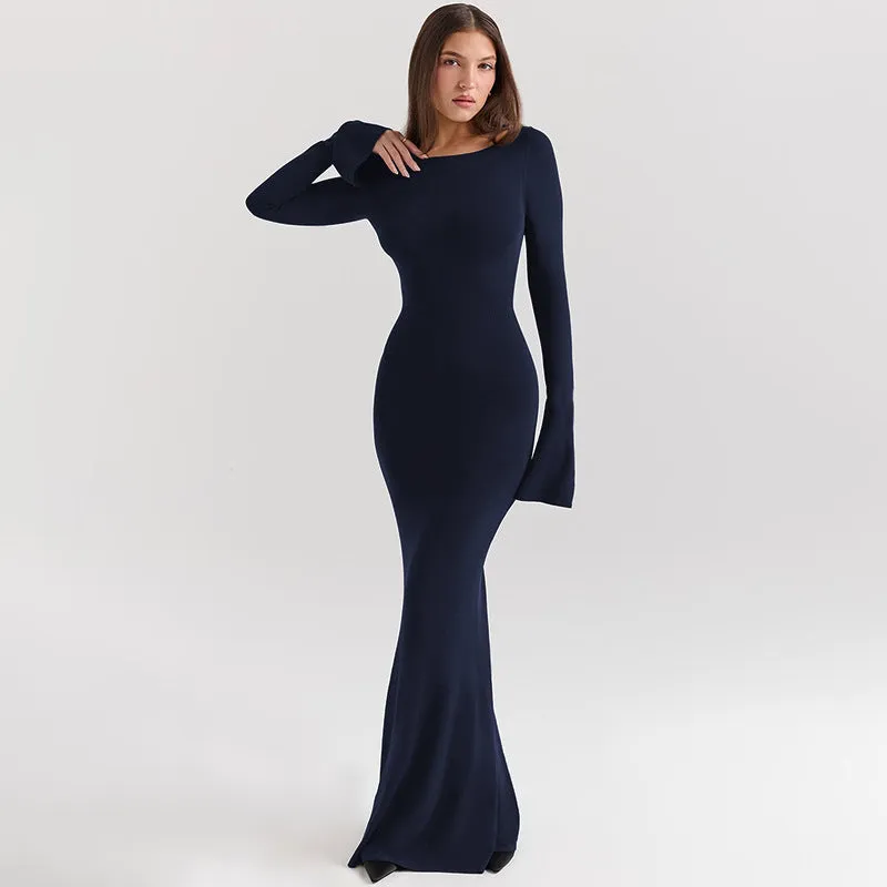 Sophisticated Backless Long Sleeve Elegant Maxi Dress