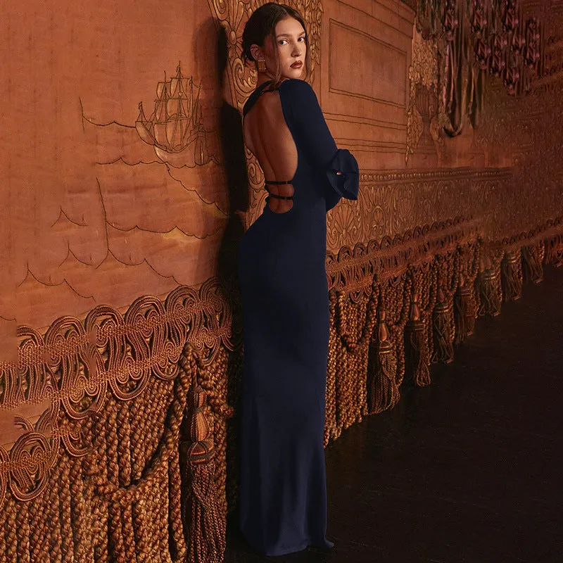 Sophisticated Backless Long Sleeve Elegant Maxi Dress