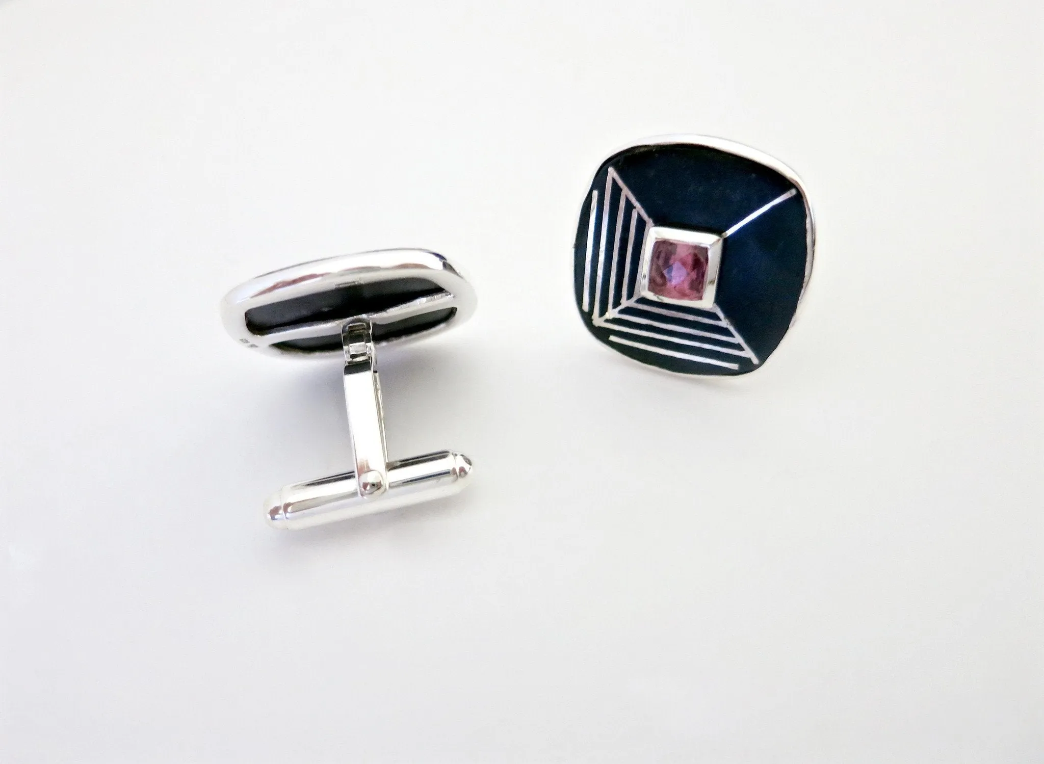 Statement, square, Bidri cufflinks with faceted stone center