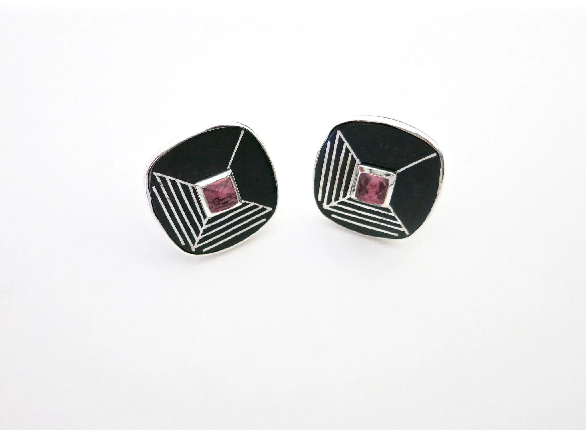Statement, square, Bidri cufflinks with faceted stone center