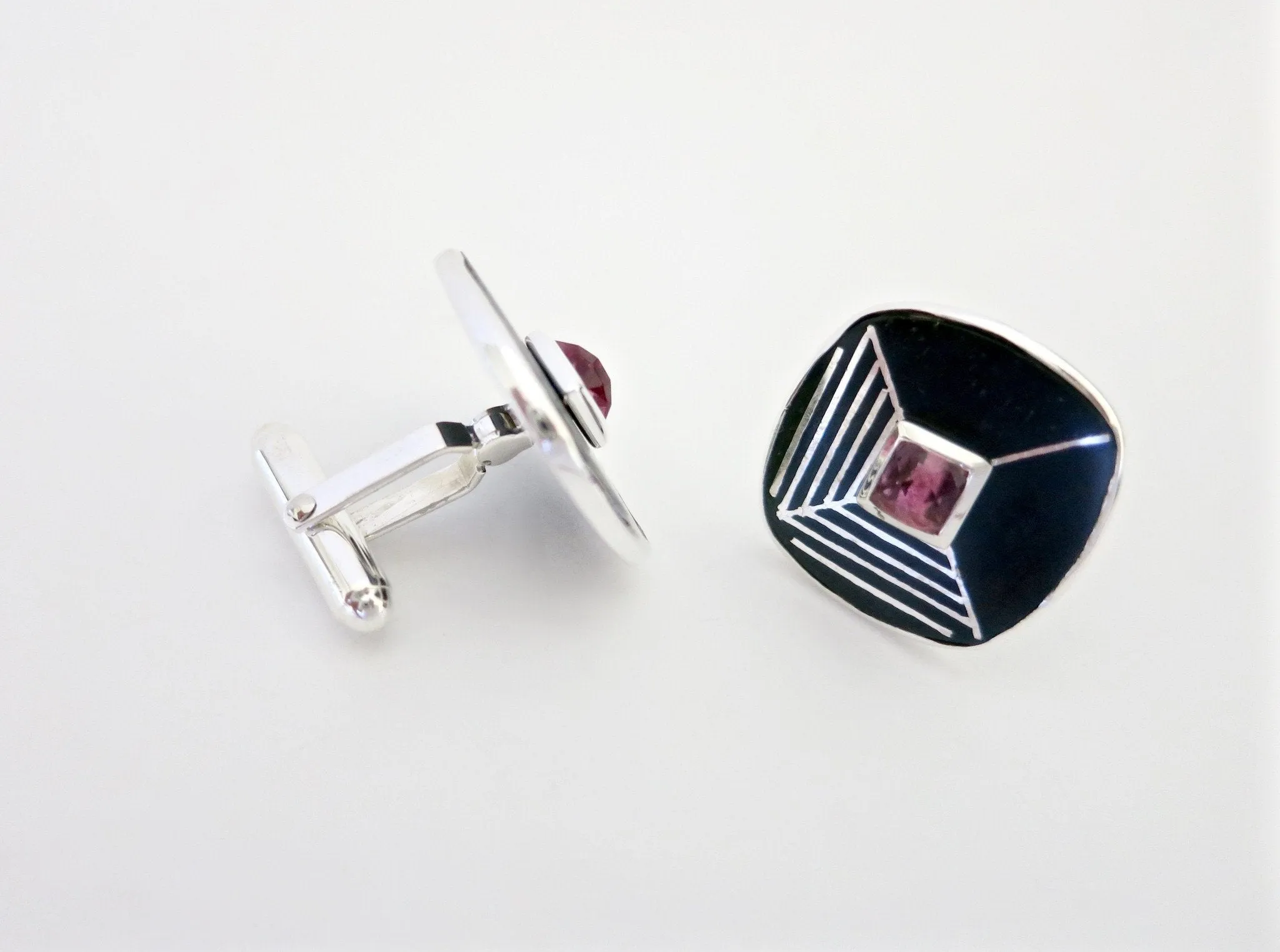 Statement, square, Bidri cufflinks with faceted stone center