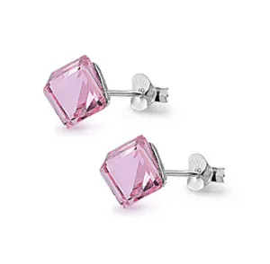 Sterling Silver Simple Cube Classic Traditional Geometric Earrings Pink CZ 925