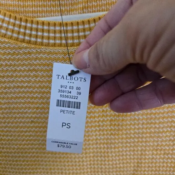 Talbots NWT Petite Mustard White Cotton Blend Crew Neck Logistic Sweater Size Sp