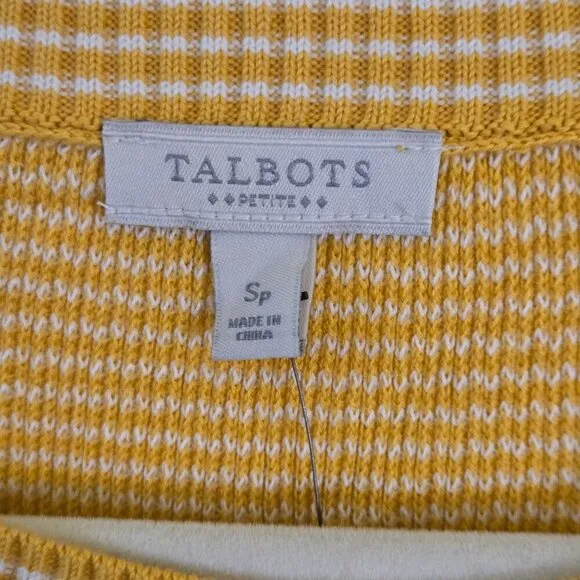 Talbots NWT Petite Mustard White Cotton Blend Crew Neck Logistic Sweater Size Sp