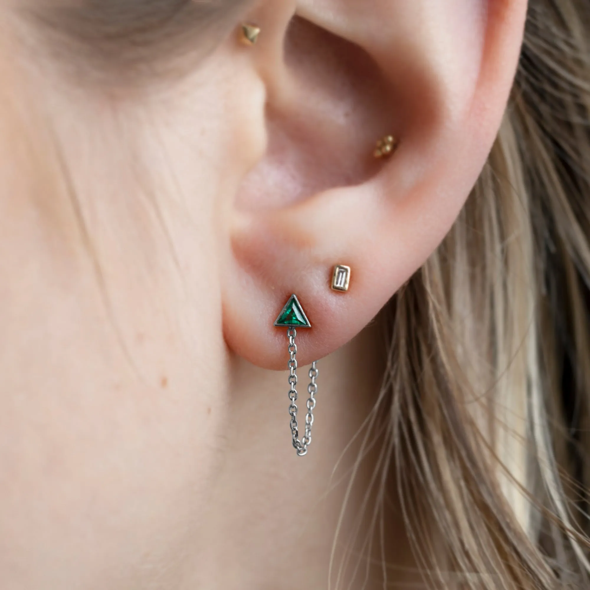 The Emerald Trillion Chain Hoop Earrings | 14K White Gold