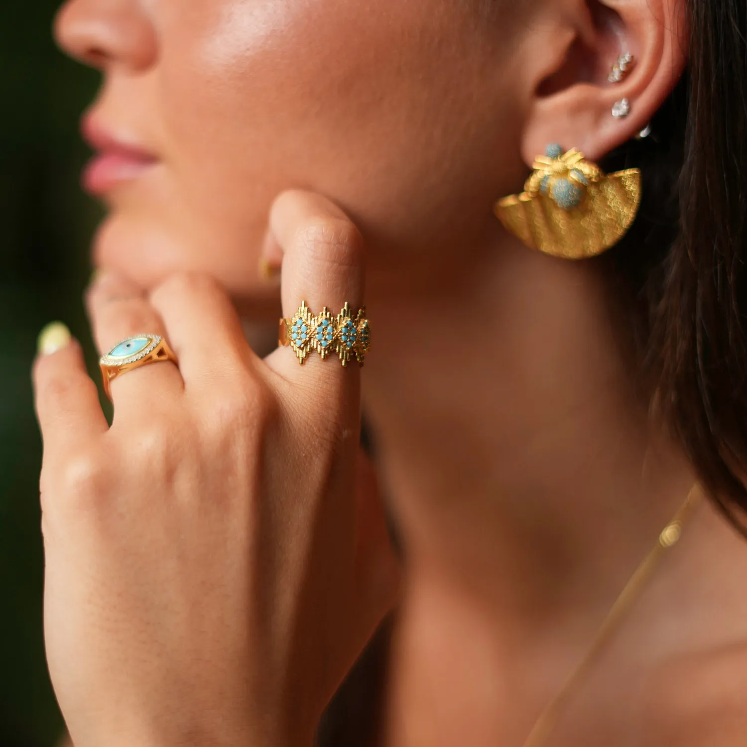 Turquoise Stone & Gold Crown Adjustable Statement Ring
