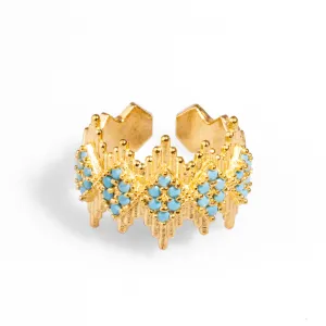 Turquoise Stone & Gold Crown Adjustable Statement Ring
