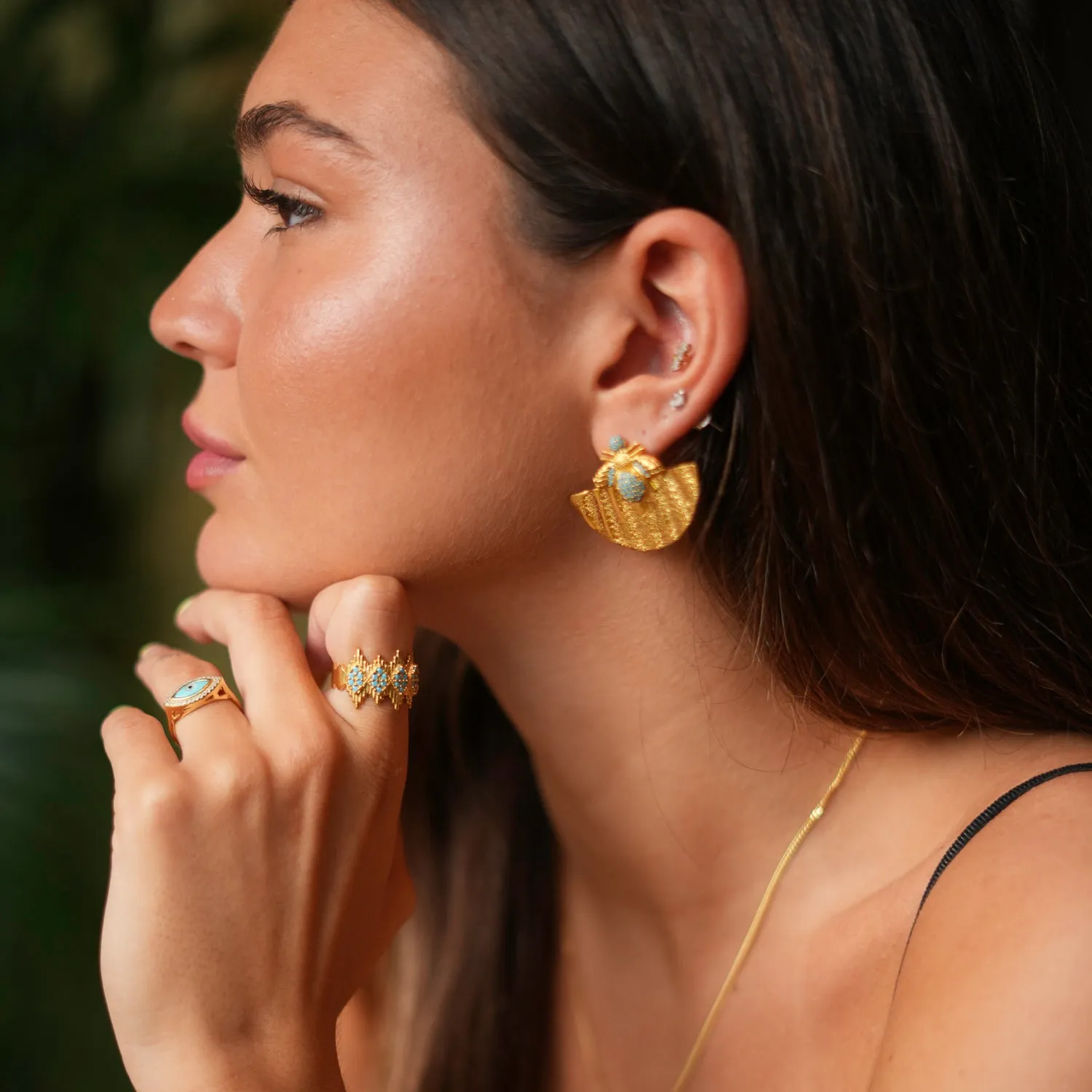 Turquoise Stone & Gold Crown Adjustable Statement Ring