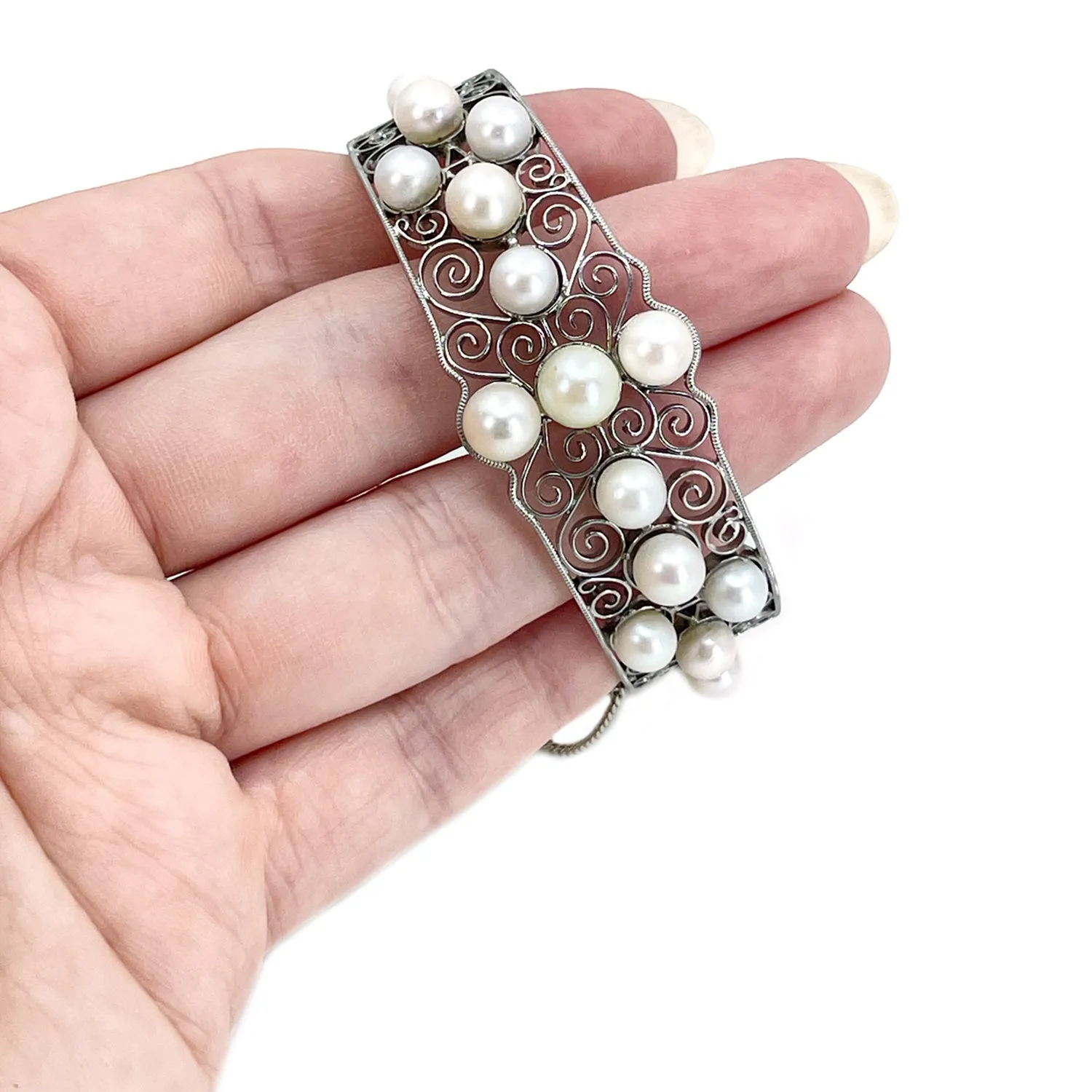 Victorian Yamato Designer Japanese Saltwater White Akoya Cultured Pearl Filigree Bracelet- Sterling Silver
