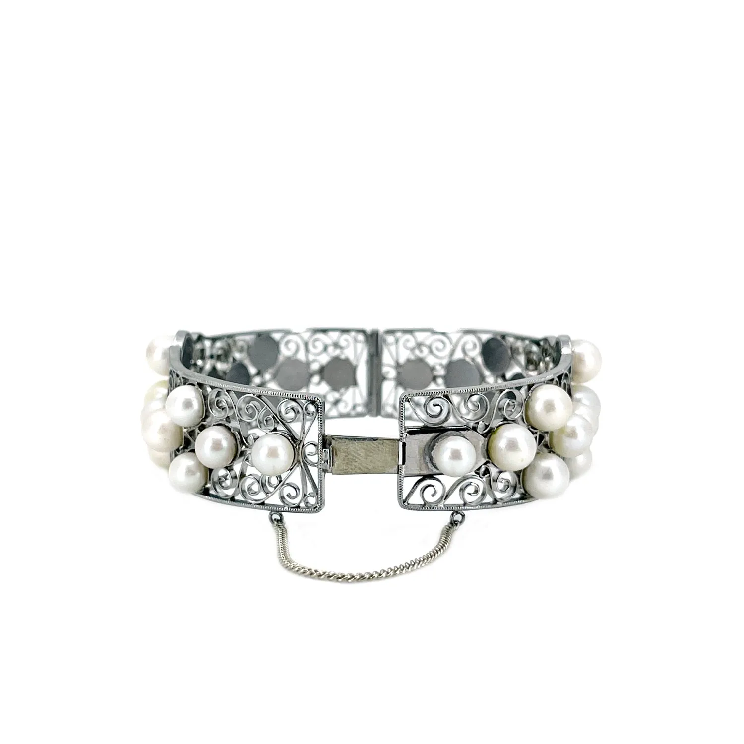 Victorian Yamato Designer Japanese Saltwater White Akoya Cultured Pearl Filigree Bracelet- Sterling Silver
