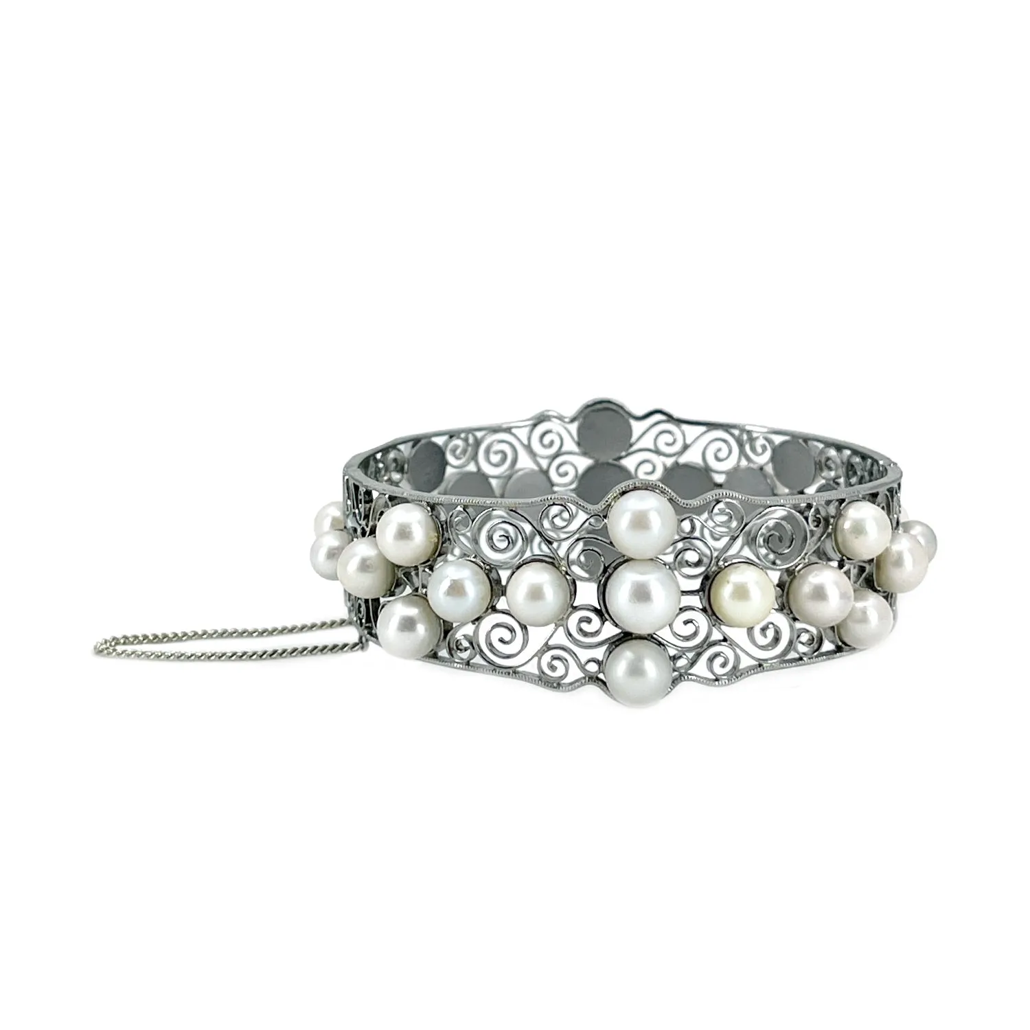 Victorian Yamato Designer Japanese Saltwater White Akoya Cultured Pearl Filigree Bracelet- Sterling Silver