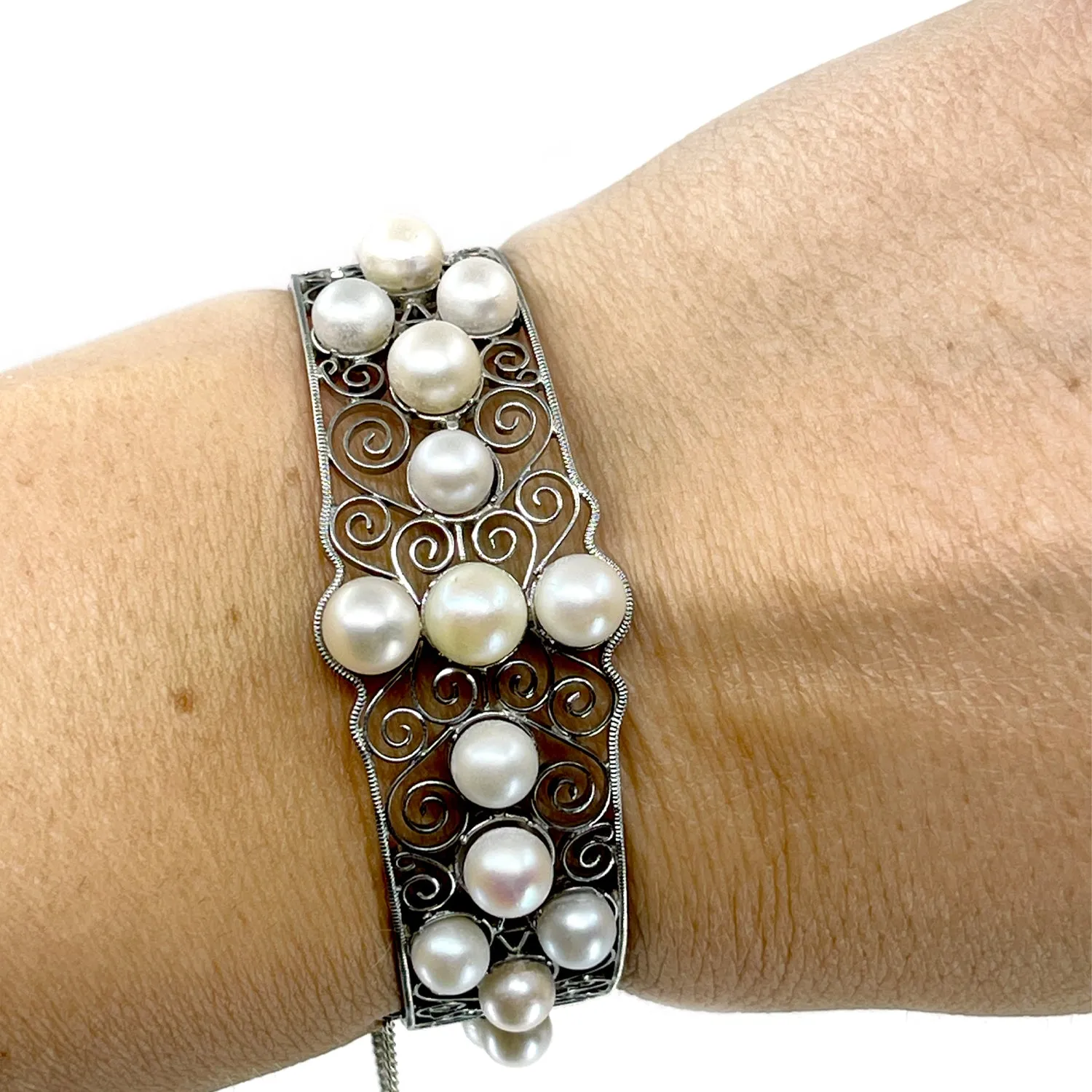 Victorian Yamato Designer Japanese Saltwater White Akoya Cultured Pearl Filigree Bracelet- Sterling Silver