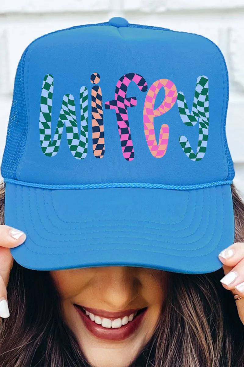 Wavy Checkered Wifey Otto Columbia Blue Foam Front Trucker Hat