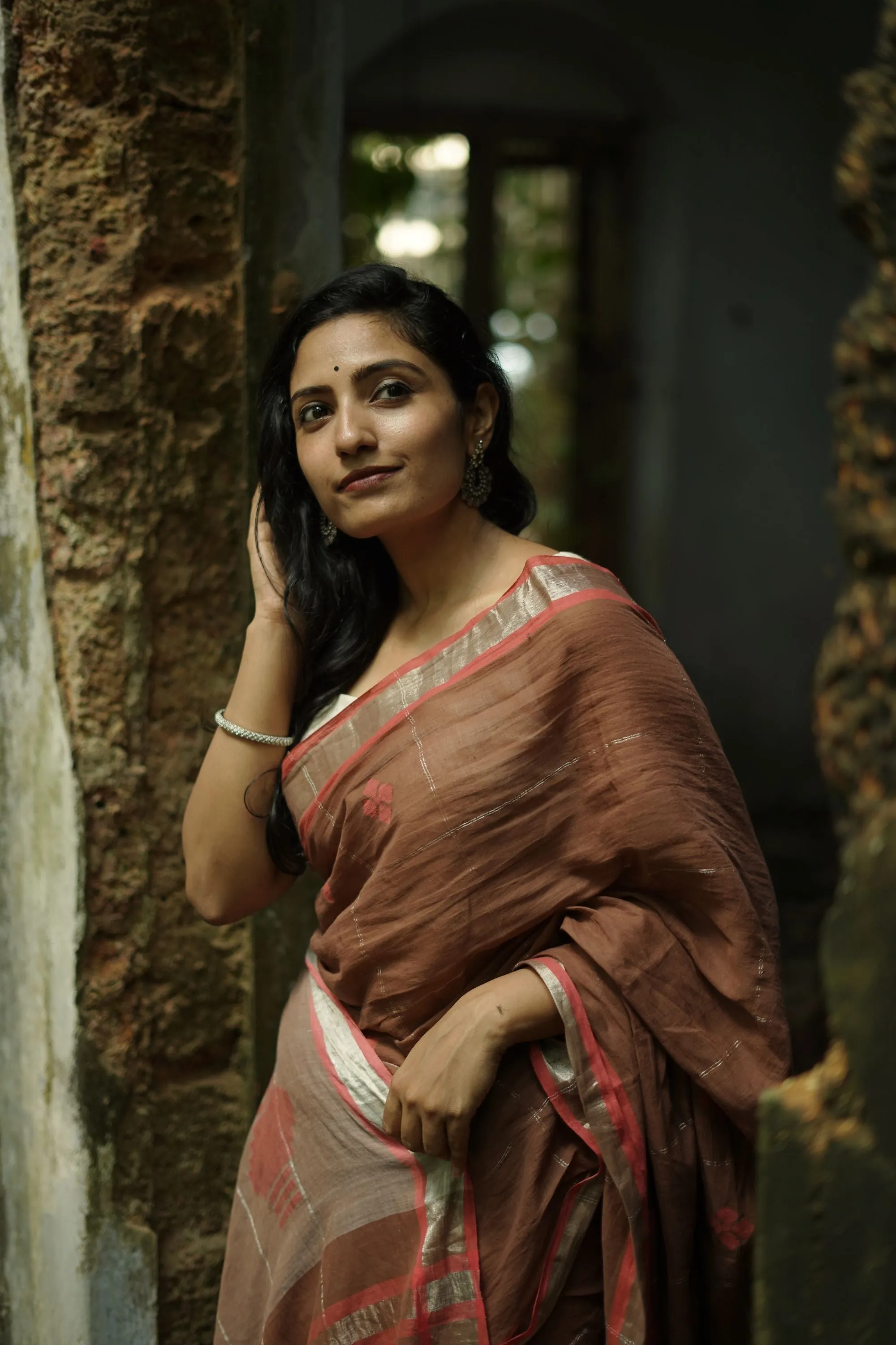 Weaves of Bengal - Sitara- Light brown -handloom cotton saree with zari border