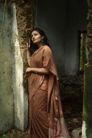 Weaves of Bengal - Sitara- Light brown -handloom cotton saree with zari border
