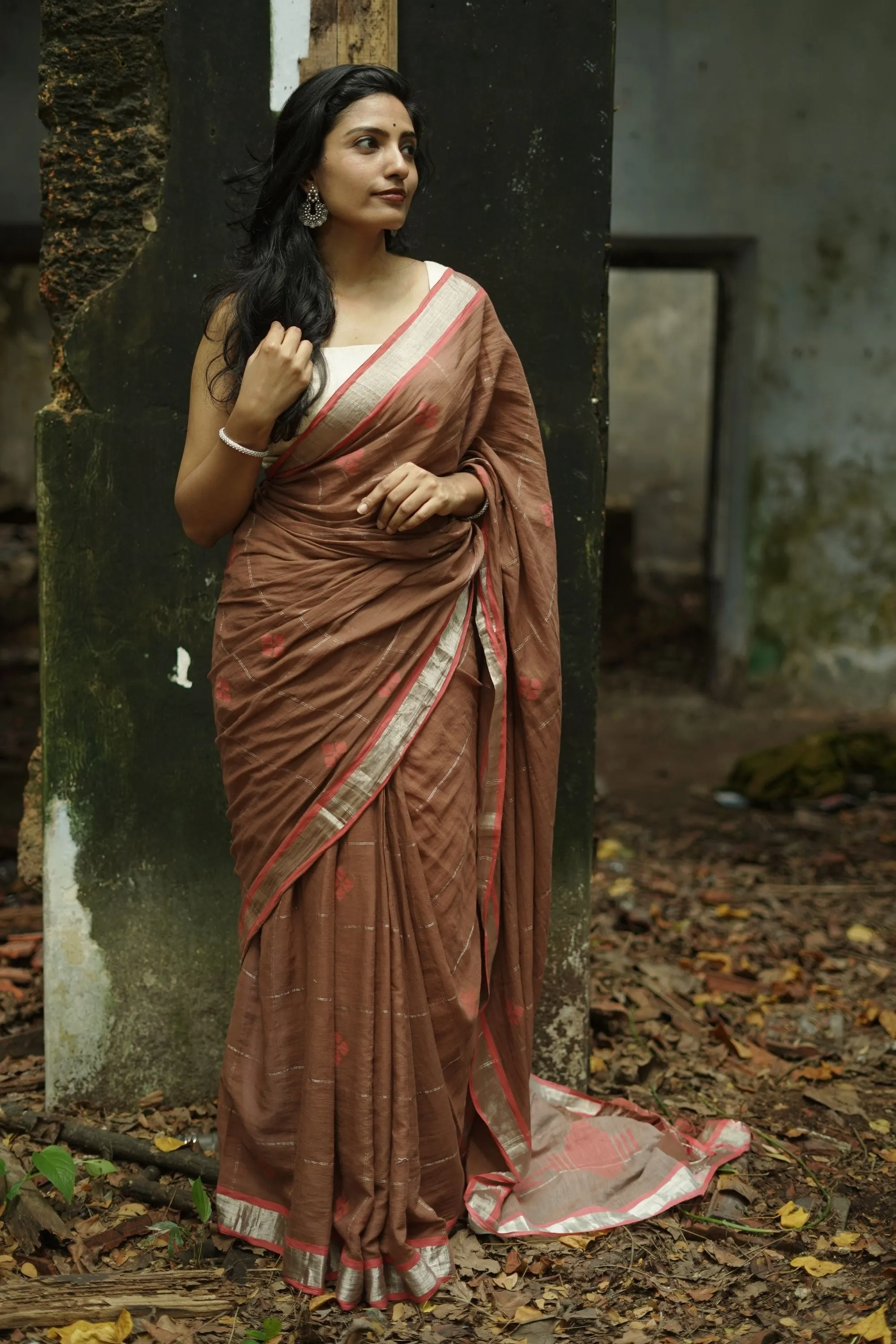 Weaves of Bengal - Sitara- Light brown -handloom cotton saree with zari border