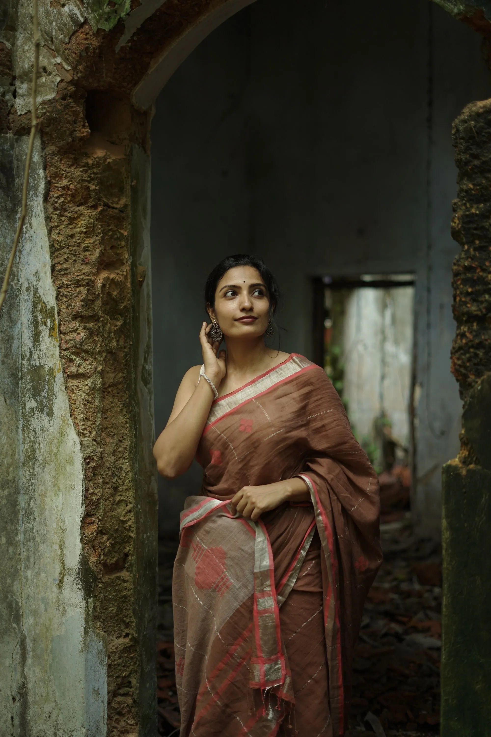 Weaves of Bengal - Sitara- Light brown -handloom cotton saree with zari border
