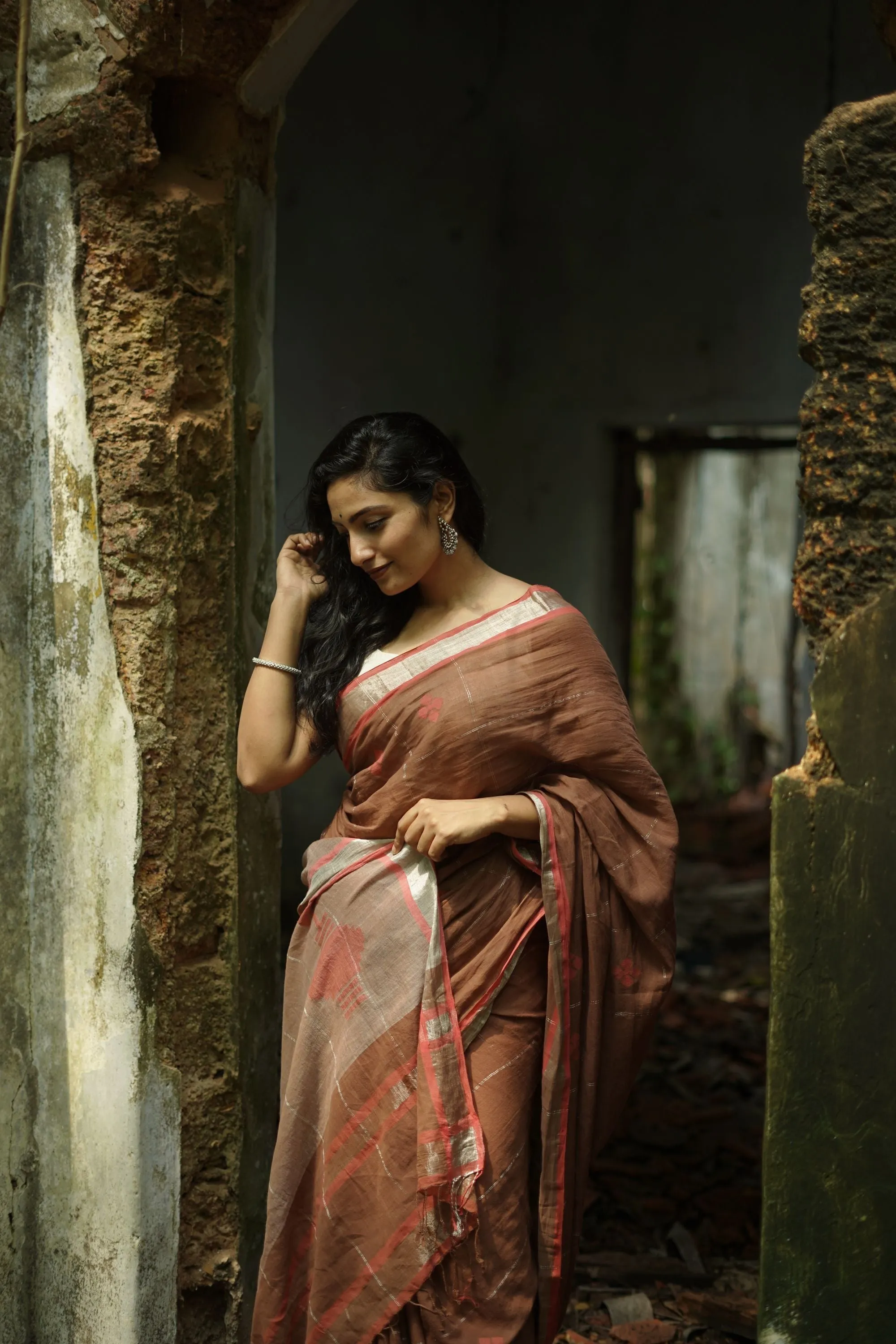 Weaves of Bengal - Sitara- Light brown -handloom cotton saree with zari border
