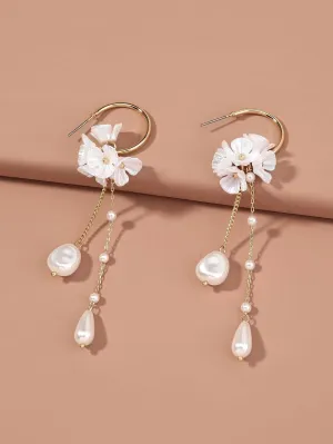 White Flower Bridal Pearl Earrings, Dangle Wedding Pearl Hooped Studs, Crystal Strand 2-in-1 Hoop Earrings