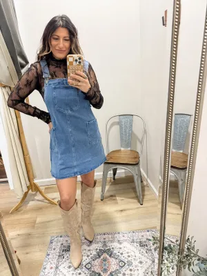 Wide Strap Denim Overall Dress with Pockets
