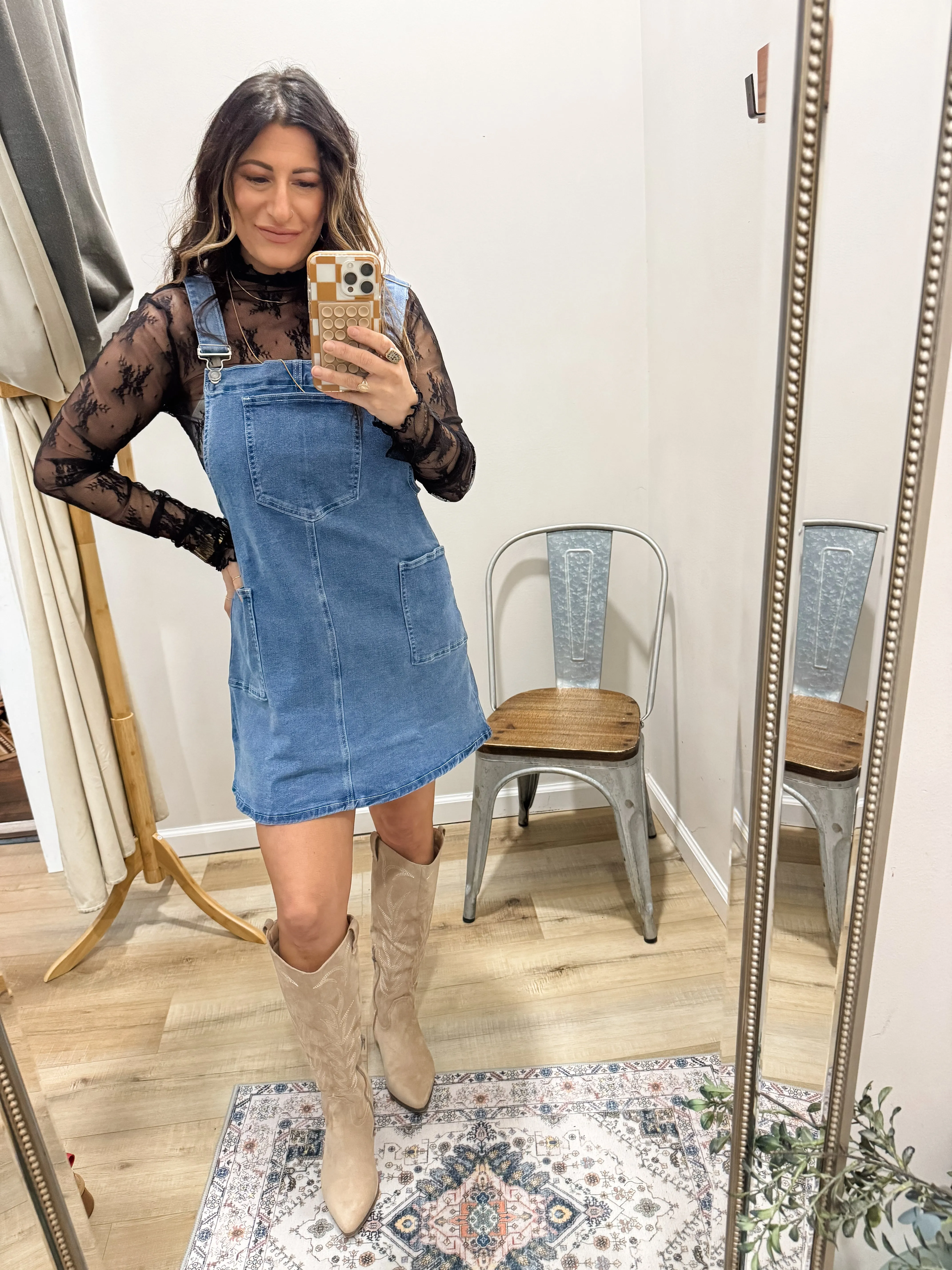 Wide Strap Denim Overall Dress with Pockets