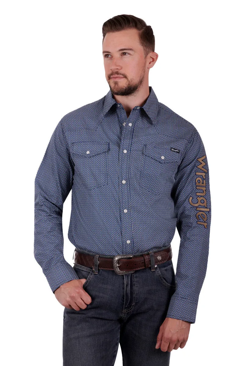 Wrangler James Mens LS Shirt Navy & Tan