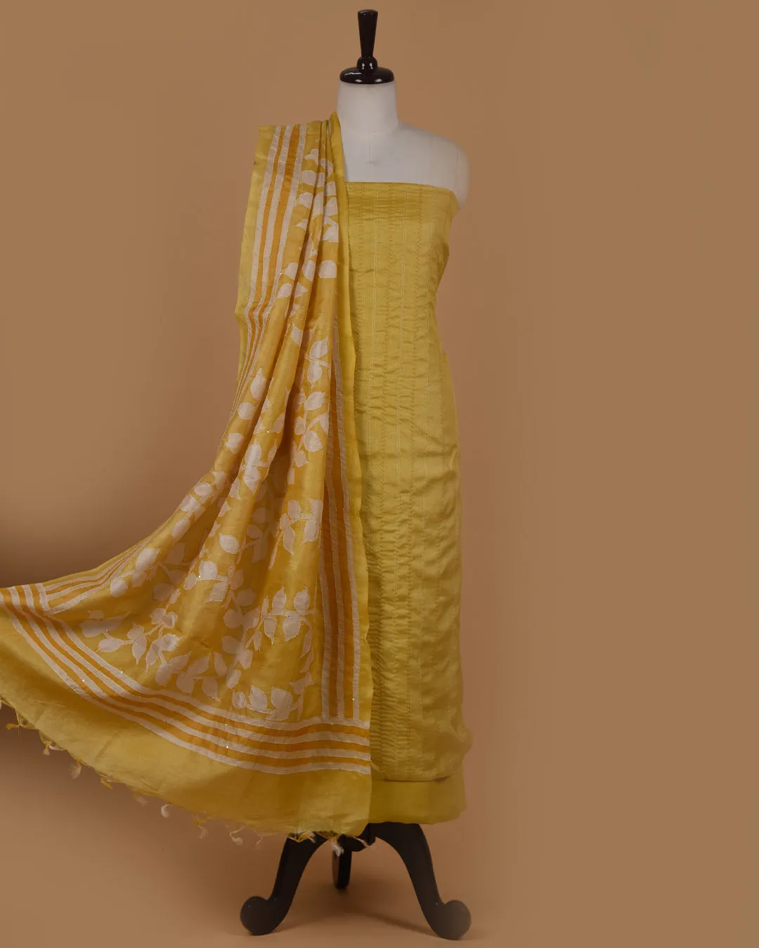 Yellow Pure Tussar Silk Embroidered Unstitched Suit Fabric Set With Tussar Silk Dupatta